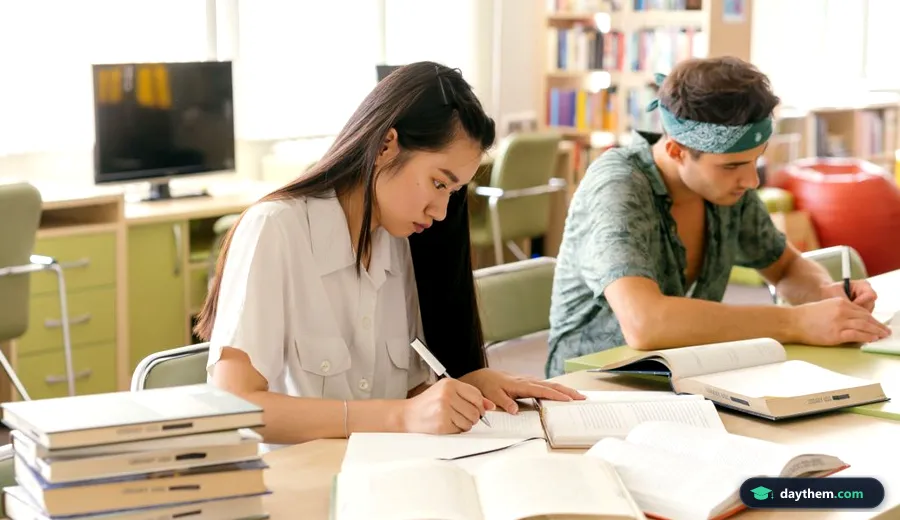 Một nam và một nữ đang ngồi cạnh nhau đọc sách và ghi chép tài liệu học tập nghiên cứu Writing IELTS