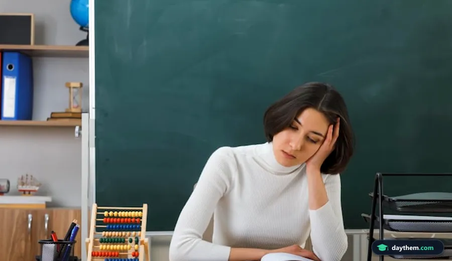 Học sinh nữ ngồi mệt mỏi tại bàn học với dụng cụ học tập, nhắm mắt và đặt tay lên trán.