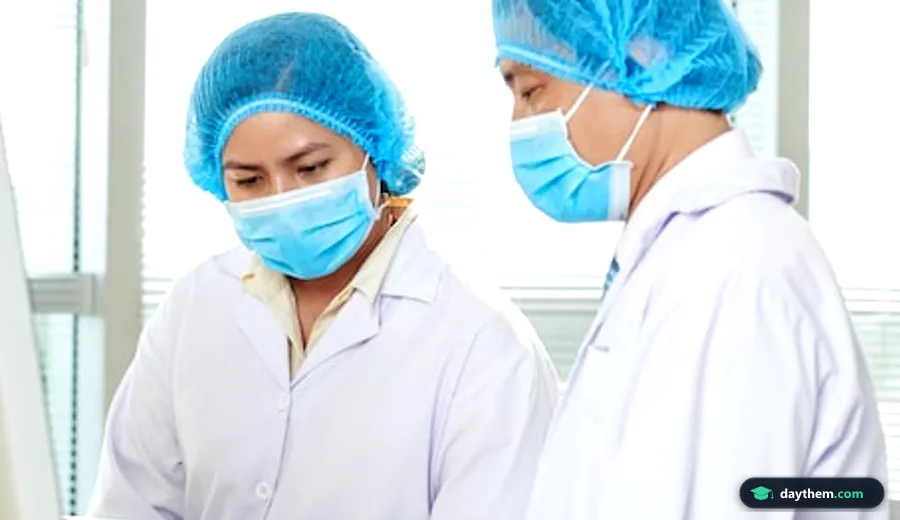 Nhóm sinh viên mặc áo blouse trắng xem xét kết quả trên tài liệu và máy tính bảng trong phòng thí nghiệm