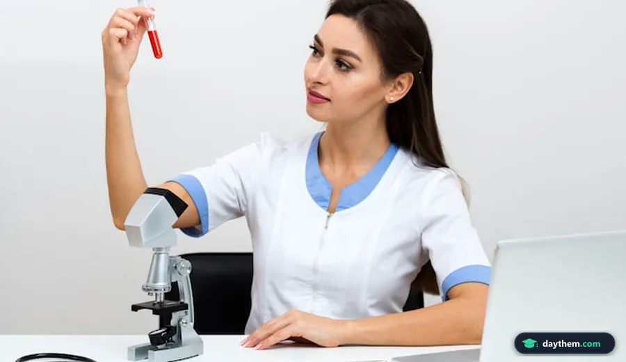 Nữ bác sĩ tập trung quan sát ống nghiệm chứa mẫu máu xét nghiệm trong phòng thí nghiệm