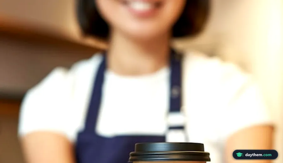 Nữ nhân viên pha chế người châu Á mỉm cười trao ly cà phê mang đi cho khách hàng