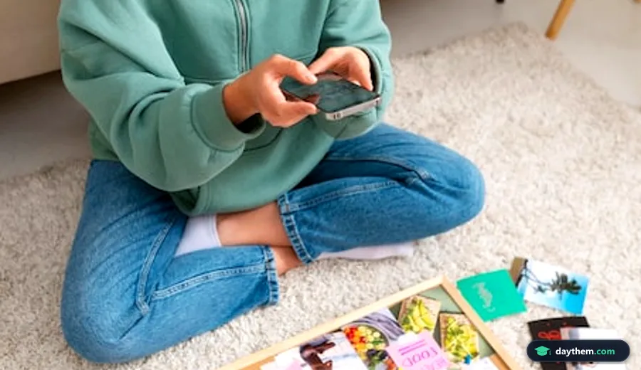 Người phụ nữ đứng trước bảng ghi chú dán đầy các mảnh giấy nhỏ màu sắc minh họa phương pháp học ghi nhớ bảng động từ tiếng Anh.
